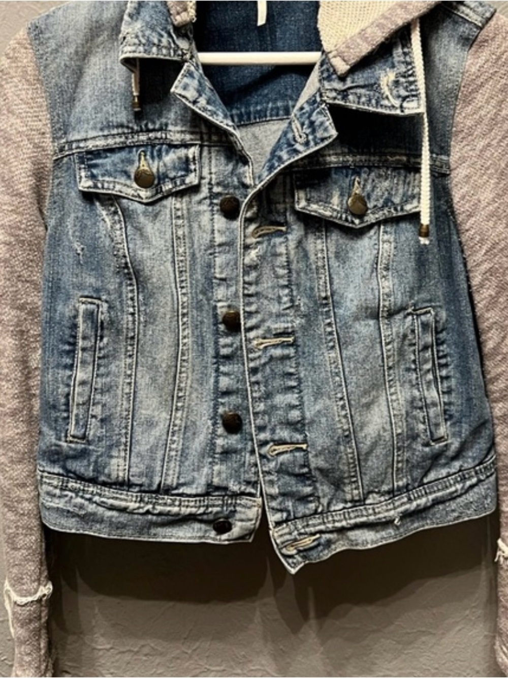 Free People Blue Denim Jacket with Gray Knit Hood & Sleeves - Picture 4 of 4